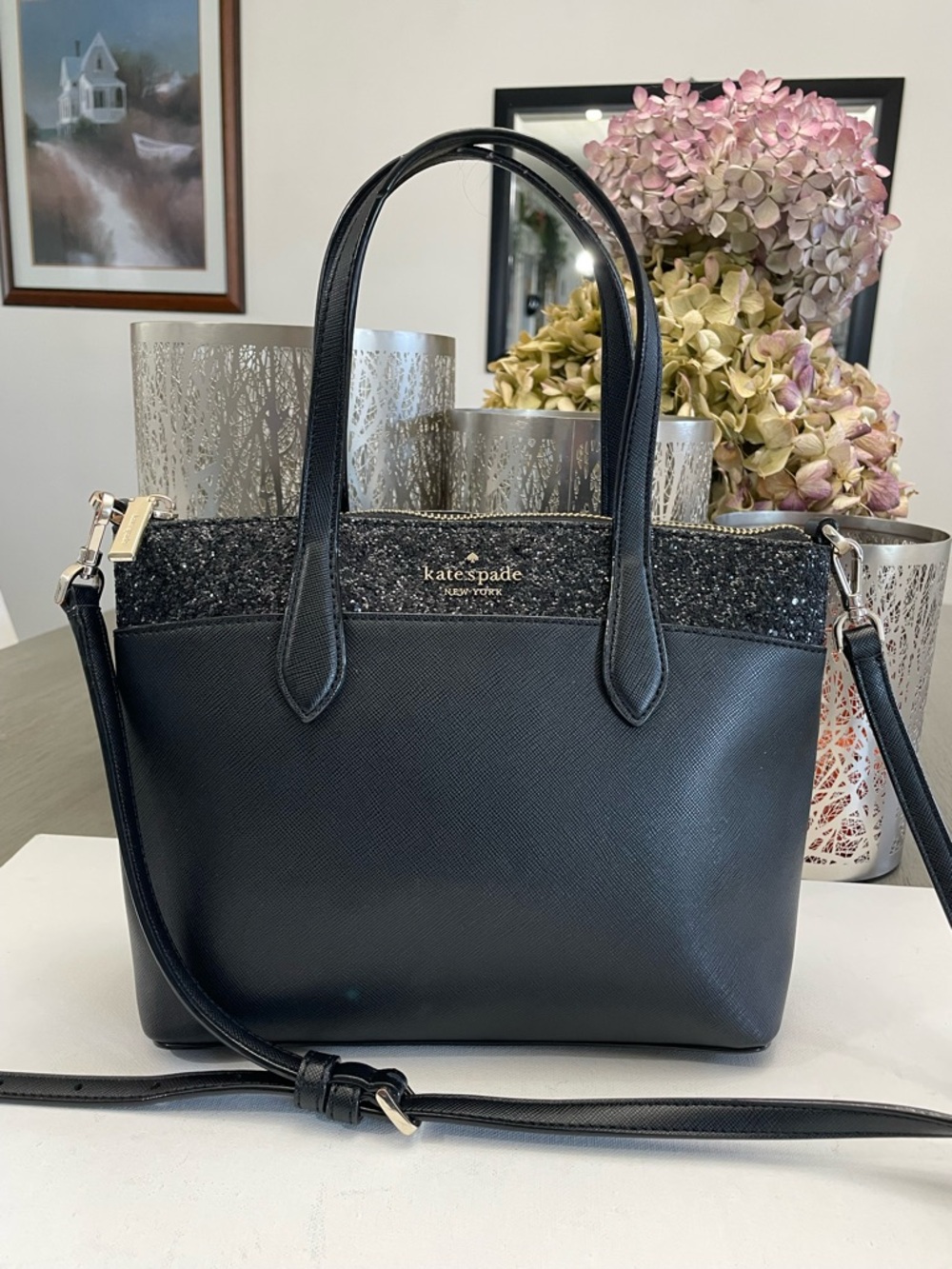kate spade Black Glitter Saffiano Shoulder Tote